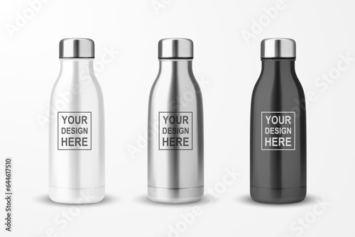 Vector Realistic 3d White, Silver and Black Empty Glossy Metal Reusable Water Bottle with Silver Bung Set Closeup Isolated on White Background. Design template of Packaging Mockup. Front View
