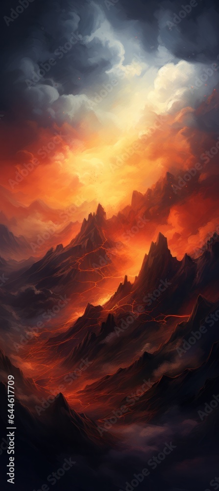 As the sun dips below the horizon, the sky fills with a dazzling afterglow of oranges and pinks, contrasting against the rugged landscape of mountains capped with glowing lava
