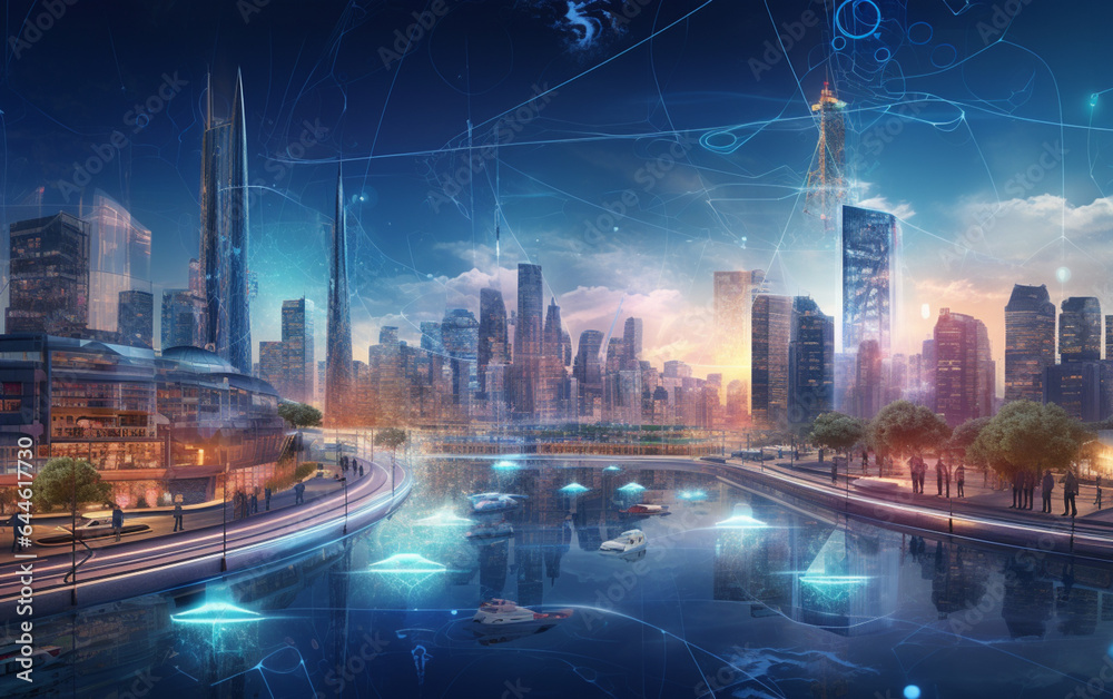 Naklejka premium Artificial intelligence looking at smart city, AI control city infrastructure, data traffic, ensure safety. World communication