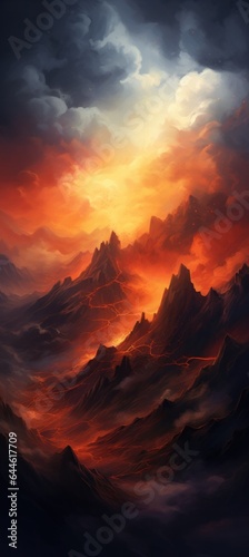 As the sun dips below the horizon, the sky fills with a dazzling afterglow of oranges and pinks, contrasting against the rugged landscape of mountains capped with glowing lava