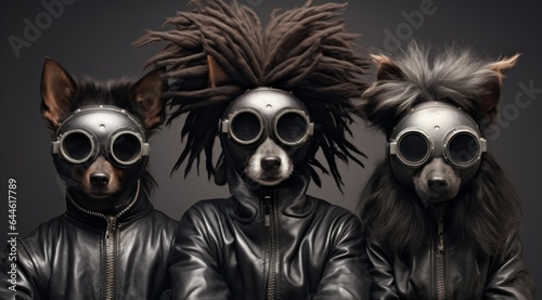 A pack of daring dogs, adorned in their mysterious black leather jackets and goggles, make a striking statement as they stand masked and ready to take on the world
