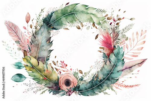 Watercolor floral boho illustration - wreath with colorful green leaves  feather %26 vivid flowers  for wedding stationary  greetings  wallpapers  fashion  backgrounds  textures  DIY  wrappers  cards.