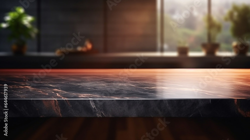 An empty dark marble table for product display in a modern kitchen, with a blurred background, exuding an elegant ambiance.Mockup