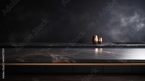  A dark marble table, ready for product display in a contemporary kitchen, with a blurred background, creating a stylish setting.Mockup