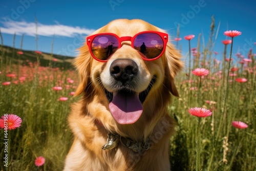 A golden retriever dog with a silly grin on its face is sitting in a field of wildflowers on a sunny summer day. The dog is wearing a pair of oversized, bright red sunglasses 