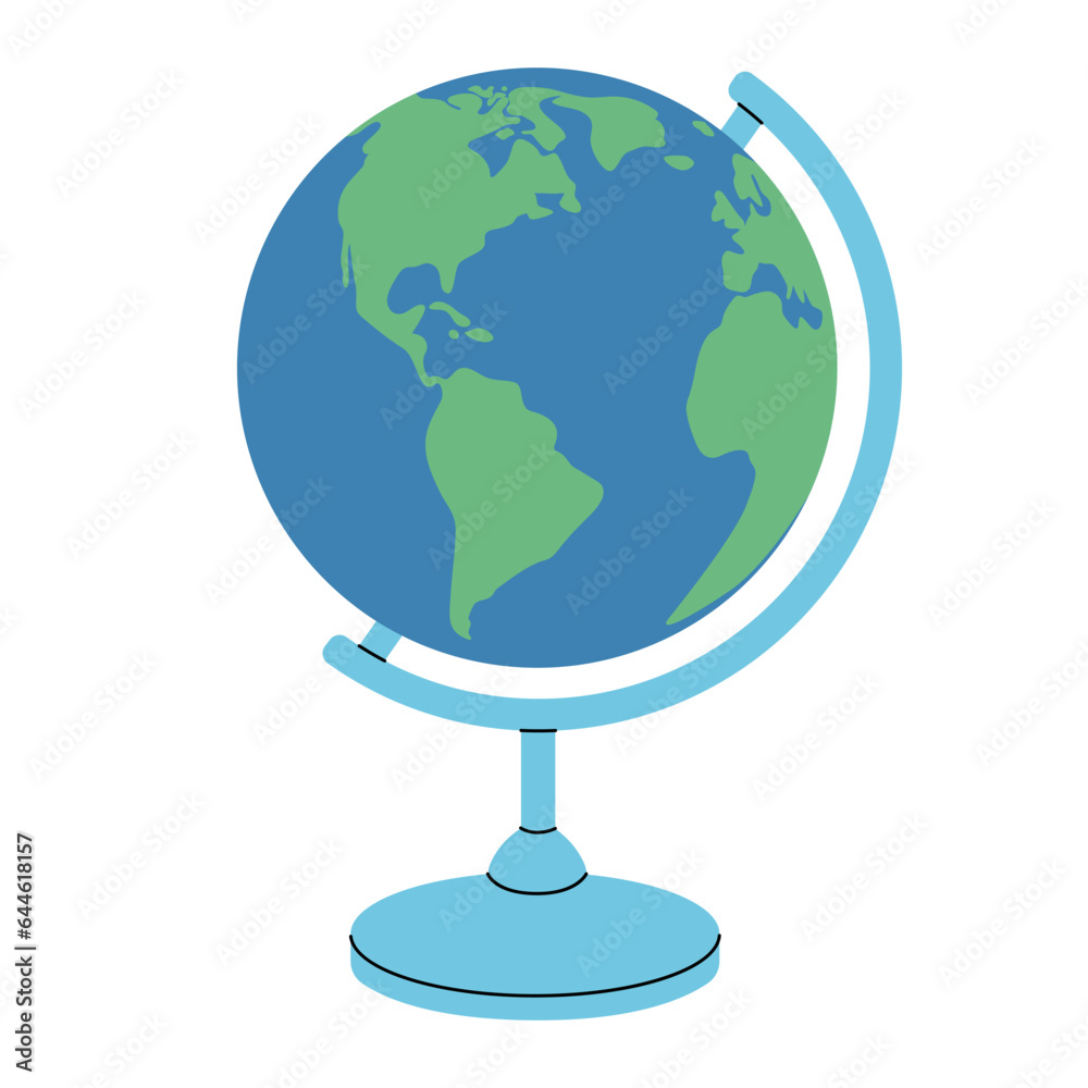 World globe on a stand. School model of planet Earth. World map. Education and travel concept. Vector flat illustration isolated on white background World globe on a stand. School model of planet Earth. World map. Education and travel concept. Vector flat illustration isolated on white background