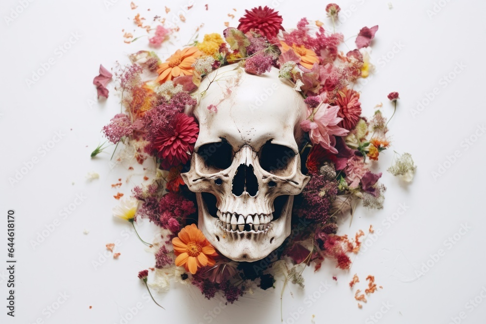 A macabre yet beautiful scene of a skull delicately adorned with vibrant flowers encapsulates the dichotomy between life and death - obrazy, fototapety, plakaty 