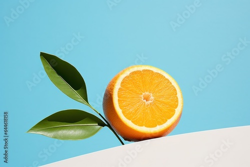 The vibrant orange of the half-peeled citrus fruit is accented by its lush green leaves, evoking a feeling of sunny warmth and juicy sweetness photo
