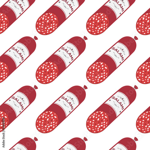 Seamless pattern with sliced salami sausage on white background. Vector flat illustration