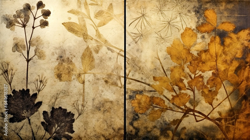 Abstract autumn background in vintage style. Chemigram and photogram image created using Generative AI technology.