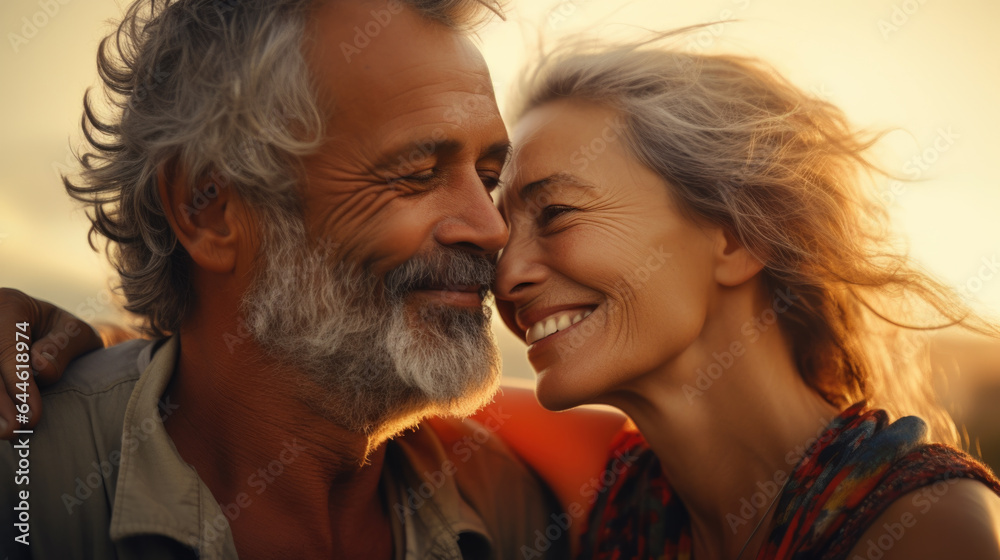 happy loving mature gorgeous couple posing in the sunset happy loving mature gorgeous couple posing in the sunset