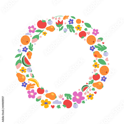 Rounded frame with fruits, berries, branches, leaves, summer bright abstract natural elements, with copy space inside. Vector graphics.