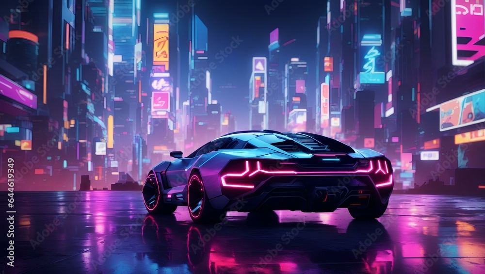  futuristic, cyberpunk-inspired cityscape at night, with neon lights and holographic advertisements glowing brightly