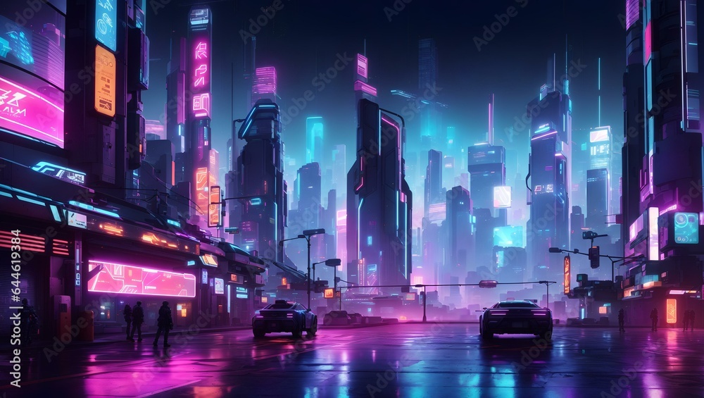  futuristic, cyberpunk-inspired cityscape at night, with neon lights and holographic advertisements glowing brightly