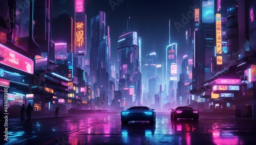  futuristic, cyberpunk-inspired cityscape at night, with neon lights and holographic advertisements glowing brightly © navas60
