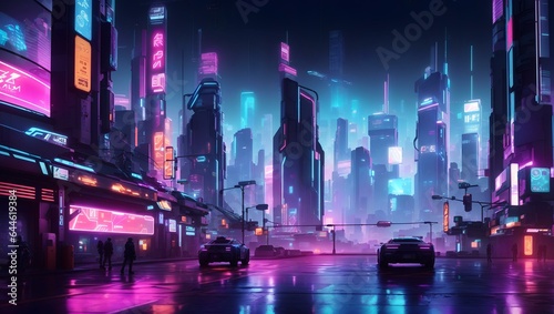  futuristic, cyberpunk-inspired cityscape at night, with neon lights and holographic advertisements glowing brightly © navas60