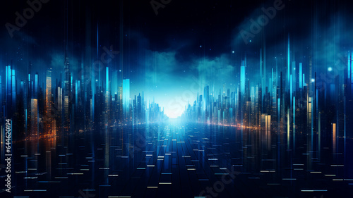 Futuristic cityscape with neon lights and fog. Abstract futuristic sci-fi tunnel. High tech Cosmic background. Digital wallpapers. Abstract technology digital hi tech concept with glowing lines.