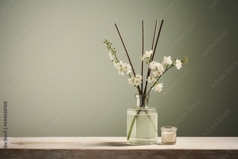 A vibrant display of ikebana, the traditional japanese art of flower arrangement, featuring a vase with white flowers and a candle radiates serenity and warmth, creating a stunning centrepiece for an