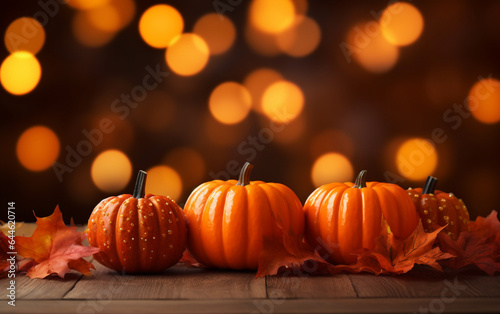 Autumn pumpkin with candles, maple leaves on blurred bokeh lights orange background with copy space. Wooden table. Halloween