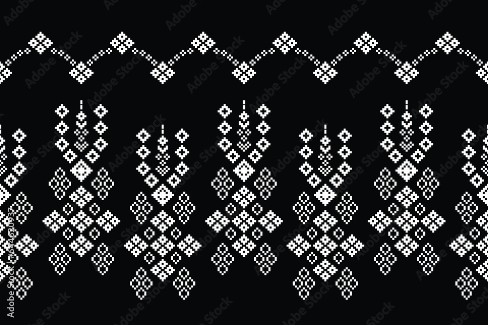 Fototapeta premium Ethnic geometric fabric pattern Cross Stitch.Ikat embroidery Ethnic oriental Pixel pattern black background. Abstract,vector,illustration. Texture,clothing,frame,decoration,motifs,silk wallpaper.