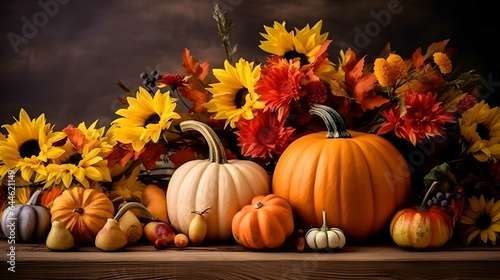 Autumn still life with pumpkins and sunflowers on wooden background. Thanksgiving - Pumpkins  autumn flowers On Rustic Table.