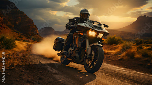 Motorcycle on the road in the desert. Motorcyclist riding on the road. Adventure and travel concept.	