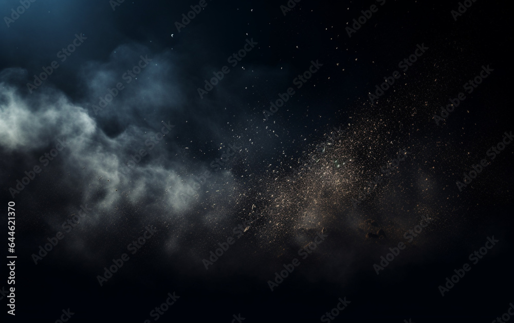 Background flying dust grains in a dark room with a dark dark background, Empty walls,  particles lights, smoke, glow, rays