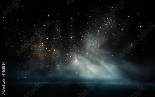 Background flying dust grains in a dark room with a dark dark background, Empty walls, particles lights, smoke, glow, rays