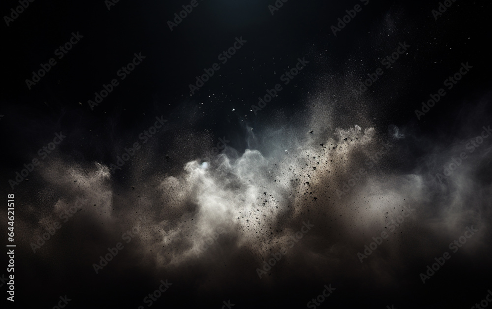 Obraz premium Background flying dust grains in a dark room with a dark dark background, Empty walls, particles lights, smoke, glow, rays