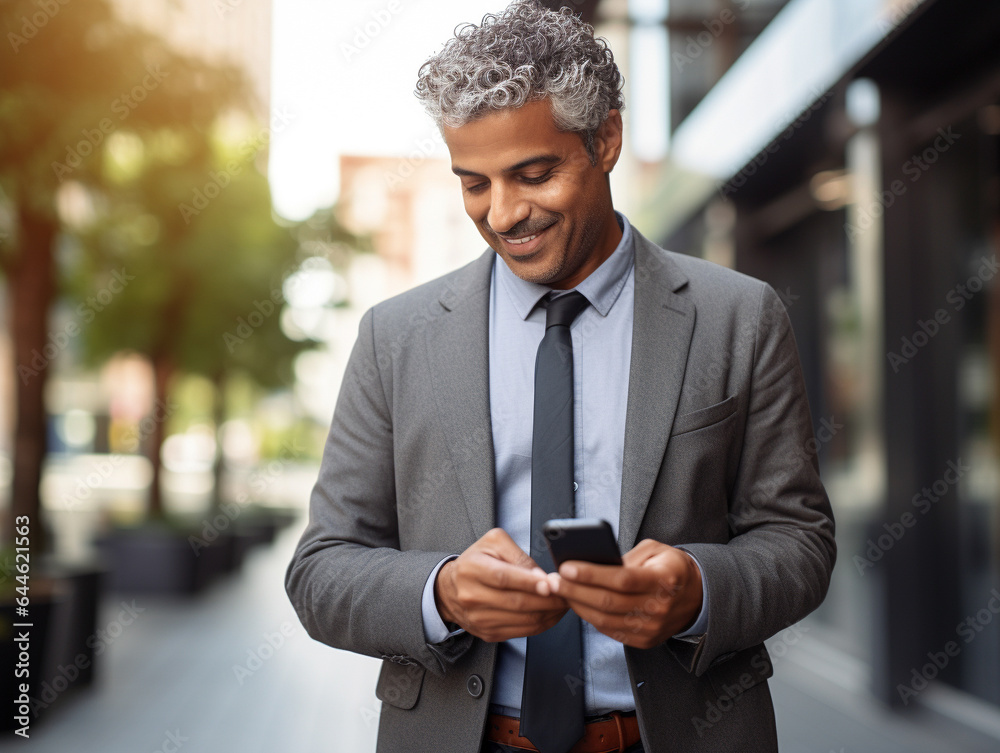 A close-up of a smiling, mature businessman, either Latin or Indian, using a smartphone in his office for digital business solutions. A close-up of a smiling, mature businessman, either Latin or Indian, using a smartphone in his office for digital business solutions.