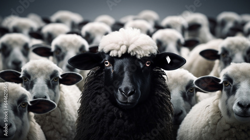 This captivating image captures a black sheep standing out among a group of white sheep against a clean backdrop, representing distinctiveness and diversity. © ImageHeaven