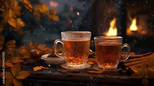 A cozy scene with autumn drinks on a rainy day, embodying the hygge spirit of warmth and comfort.