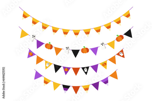 Colorful festive garland of triangular flags for Halloween. Multicolored flags. Decorative colorful pennants for birthday, festival, fair or carnival. Vector illustration.