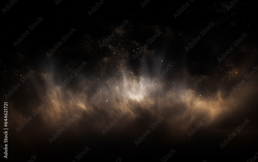 Background flying dust grains in a dark room with a dark dark background, Empty walls,  particles lights, smoke, glow, rays