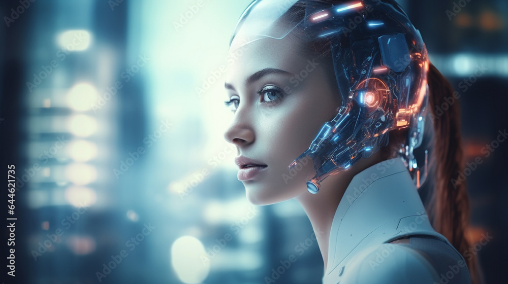 In this image, a futuristic AI android robot and a female cyborg ...