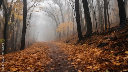 A trail covered with crunchy leaves leading into a misty forest. generative AI