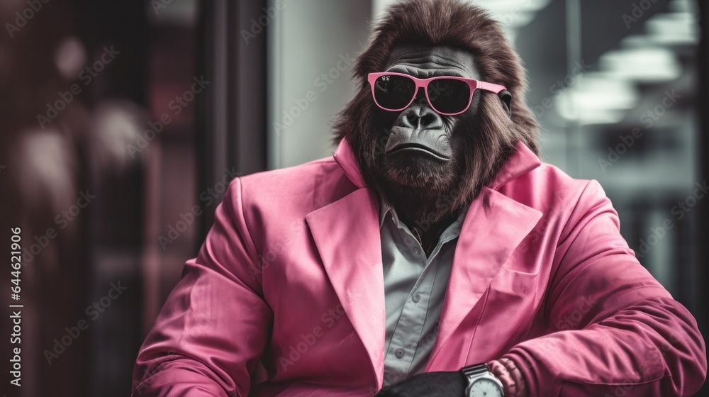 A mysterious man clad in a vibrant pink leather coat and stylish sunglasses stands out on the street, boldly showing off his wild and unique style - obrazy, fototapety, plakaty 
