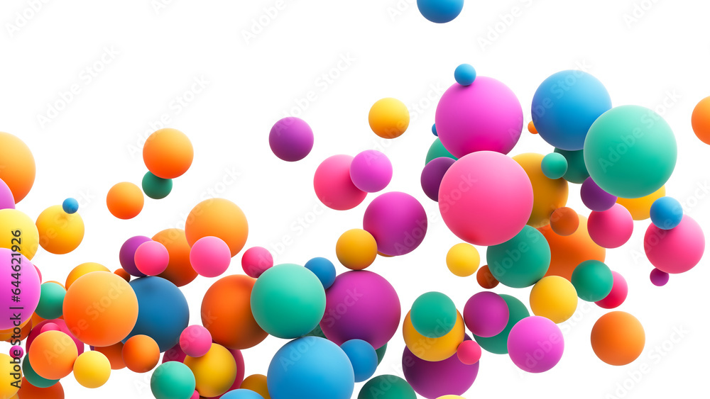 Abstract composition with many colorful random flying spheres isolated on transparent background. Colorful rainbow matte soft balls in different sizes. PNG file