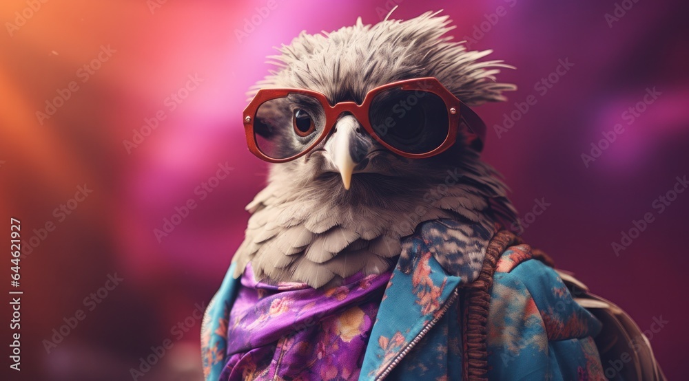 A majestic purple bird stands confidently wearing a pair of stylish sunglasses and a sleek jacket, radiating an air of sophistication and adventure A majestic purple bird stands confidently wearing a pair of stylish sunglasses and a sleek jacket, radiating an air of sophistication and adventure