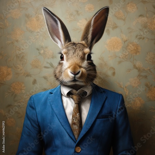 A hare dressed in a sharp suit and tie stands proudly against a wall, looking determined and ready to take on the world photo