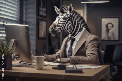 A whimsical zebra in a suit and tie sits at a desk surrounded by furniture, a computer, a vase, a wall, a table, a laptop, a window, and a coffee statue, all coming together to create an