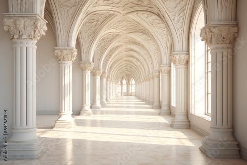 Walking down the majestic hallway of arches and columns  the symmetry of the architecture and the intricate molding of the vaults and walls create an awe-inspiring cloister that exudes a sense of gra