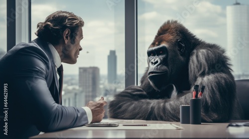 A smartly dressed man peers through the window of his enclosed space, captivated by the primal and mysterious gaze of a majestic simian
