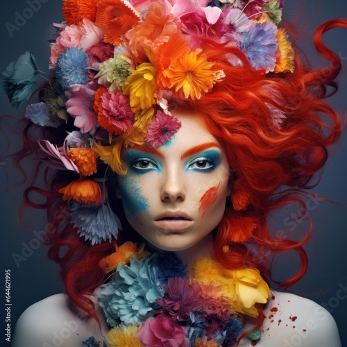 A vibrant woman stands proudly with a halo of flowers atop her head  her colorful hair and unique clothing creating a captivating artwork