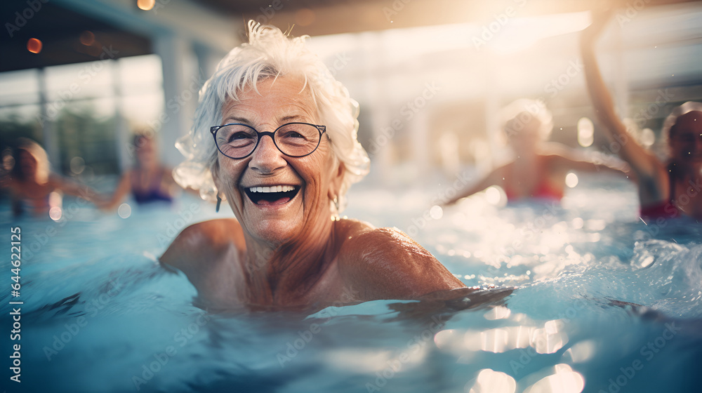  Active senior women swim in the pool doing sports. A healthy, retired lifestyle.