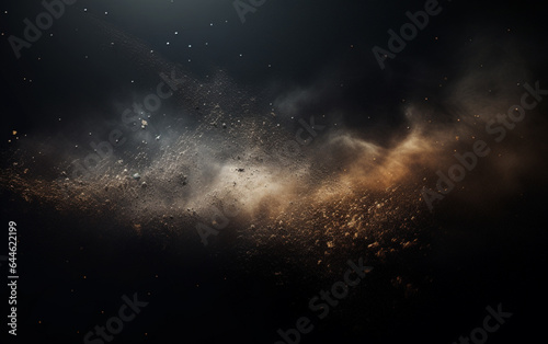 Background flying dust grains in a dark room with a dark dark background  Empty walls   particles lights  smoke  glow  rays