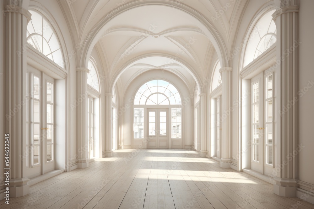 The vast white room is filled with grand arched windows and architectural symmetry, inviting in the soft natural light that gleams off the smooth walls and floors, creating a majestic arcade of colum