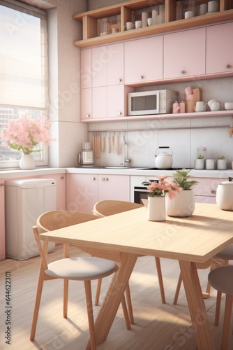 This cozy kitchen radiates warmth and comfort, featuring a charming pink cabinetry, a spacious countertop, a welcoming dining table, and a plethora of inviting drawers and chairs, creating a perfect  © mockupzord