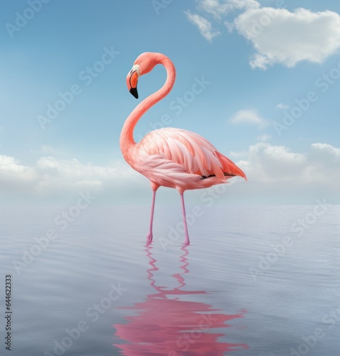 A majestic pink flamingo stands in the still lake, its beak cutting through the clear sky as it surveys its outdoor home
