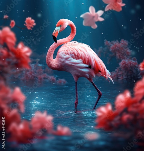 A brilliant pink flamingo stands gracefully in the sparkling blue water  its long legs and curved neck capturing the beauty of nature in a single moment